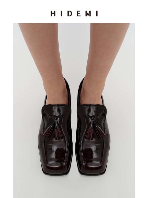 HIDEMI 极简方头手作流苏都市感气垫式进口雾面亮皮牛皮舒适感皮鞋 黑色/深酒红 商品图0