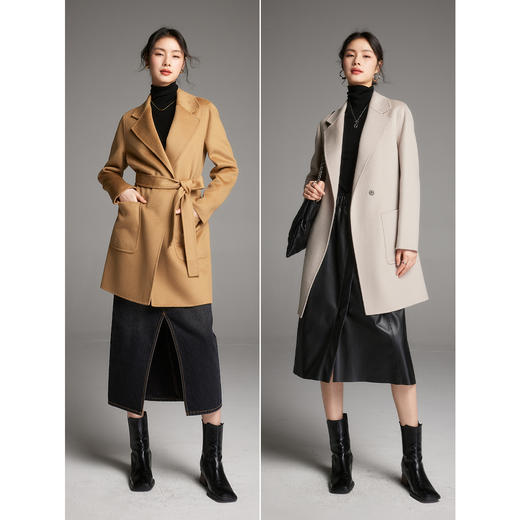 棉仓347666012-水波纹一手长羊毛大衣女含羊绒 23冬季直筒翻驳领双面呢外套 商品图3