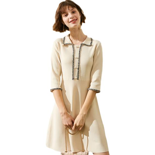 欧芮儿2019秋装新品杏色七分袖针织连衣裙女中长款polo领小个子 商品图3