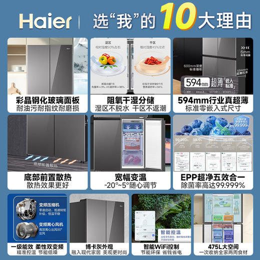 海尔（Haier）475升和景系列594mm专业超薄四门冰箱对开门家用冰箱EPP超净玻璃面板宽幅变温嵌入式冰箱BCD-475WGHTDB9GSU1 商品图1