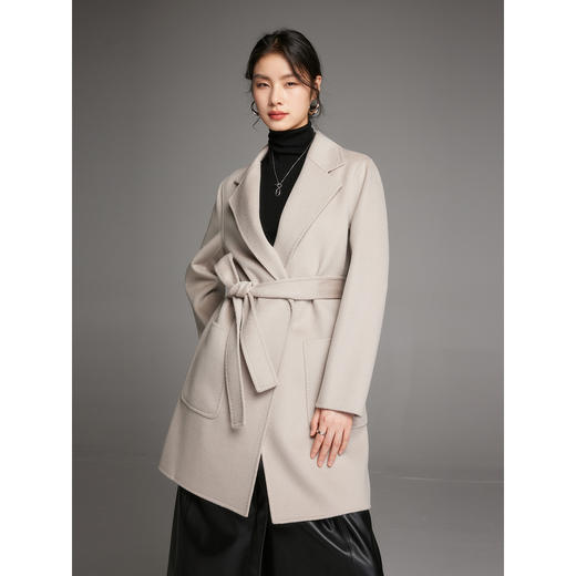 棉仓347666012-水波纹一手长羊毛大衣女含羊绒 23冬季直筒翻驳领双面呢外套 商品图2