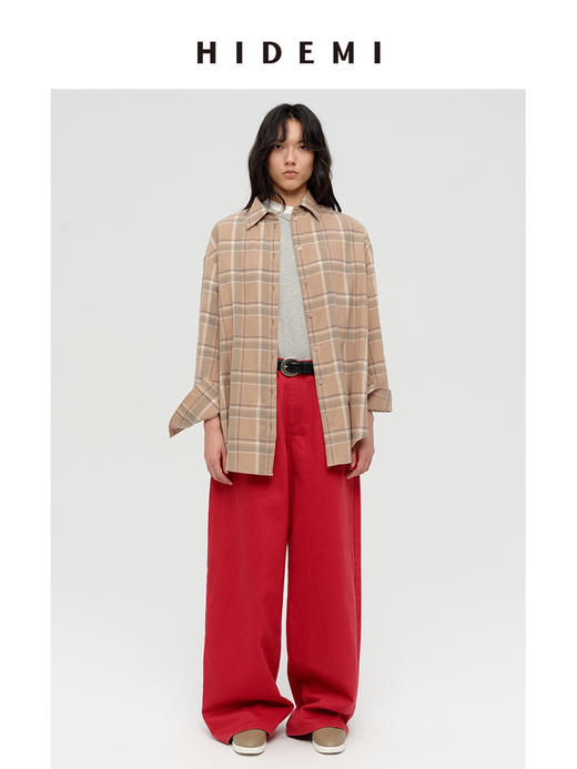 HIDEMI 【吴谨言同款】复古色织格纹长绒感磨毛高品质极简廓形纽扣衬衫 卡其米格/奶白格 商品图6