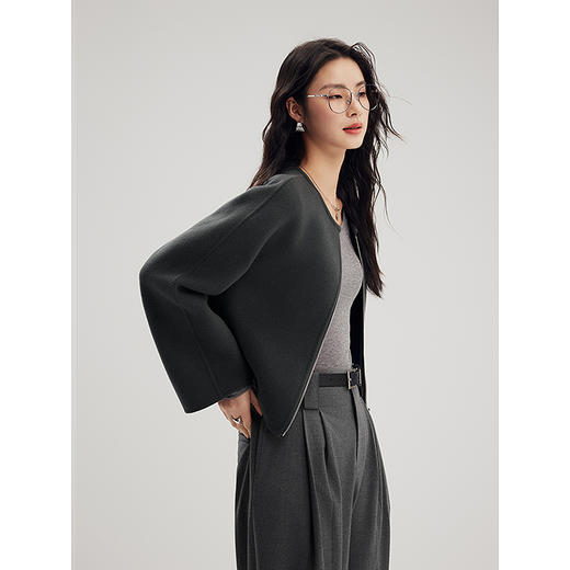 棉仓356666004-短箱型夹克式拉链无领毛呢外套女24秋季新品气质圆领双面呢 商品图2