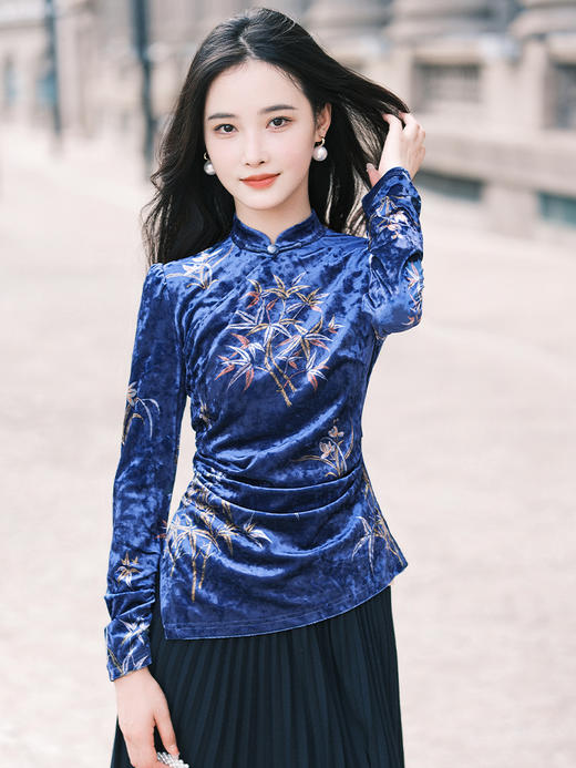 逸红颜明月优选 #复古蓝丝绒上衣「寻竹月」流光溢彩新中式，竹叶印花自带柔软与坚毅 商品图8