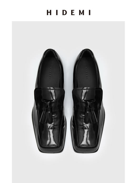 HIDEMI 极简方头手作流苏都市感气垫式进口雾面亮皮牛皮舒适感皮鞋 黑色/深酒红 商品图5