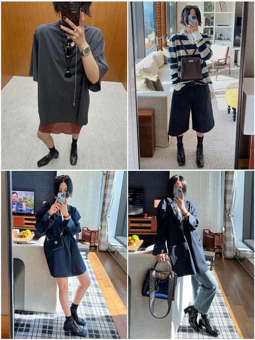 HIDEMI 极简方头都市感方跟粗跟进口雾面亮皮牛皮手工感中跟皮鞋 黑色/复古酒红 商品图5