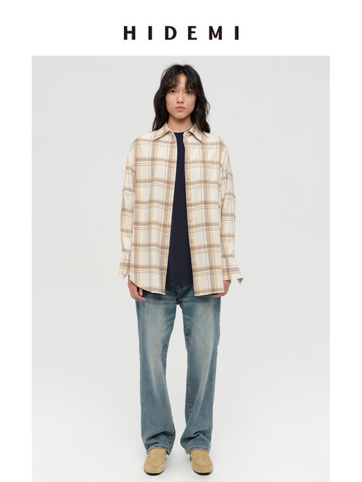 HIDEMI 【吴谨言同款】复古色织格纹长绒感磨毛高品质极简廓形纽扣衬衫 卡其米格/奶白格 商品图4