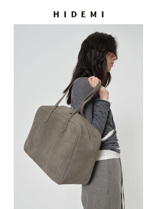 HIDEMI 经典款波士顿系列进口做旧复古感磨砂牛皮大号多用背包 大象灰/栗子棕 商品图12