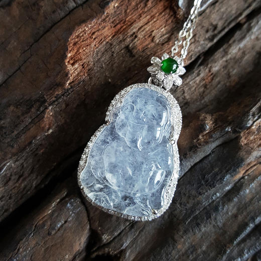 【天然正品】AU750白金镶钻镶高冰种财神造型翡翠（好运、招财）吊坠项链160824XY25 商品图3