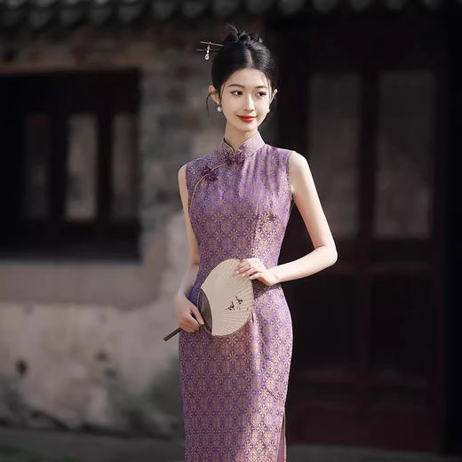 改良旗袍少女气质紫色提花无袖GR1012 商品图2