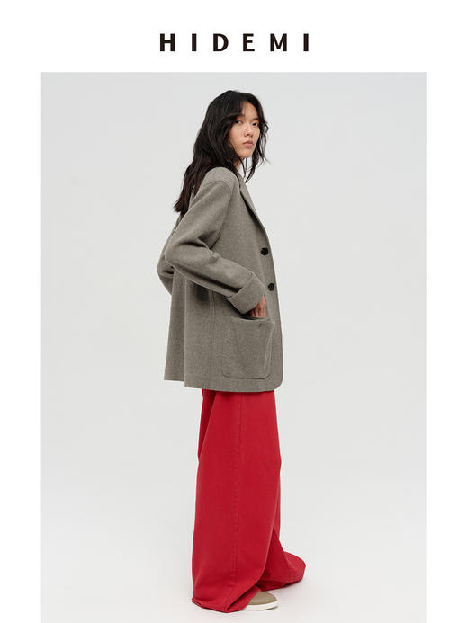 HIDEMI 进口澳洲绵羊毛全毛厚款复古立体口袋工装感西装导演外套大衣 意大利米/艺术灰/黑色 商品图7