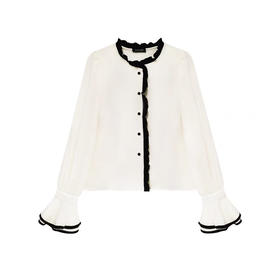 白底黑边撞色荷叶袖衬衫