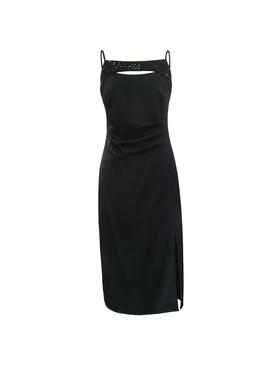 黑色醋酸修身吊带长连衣裙