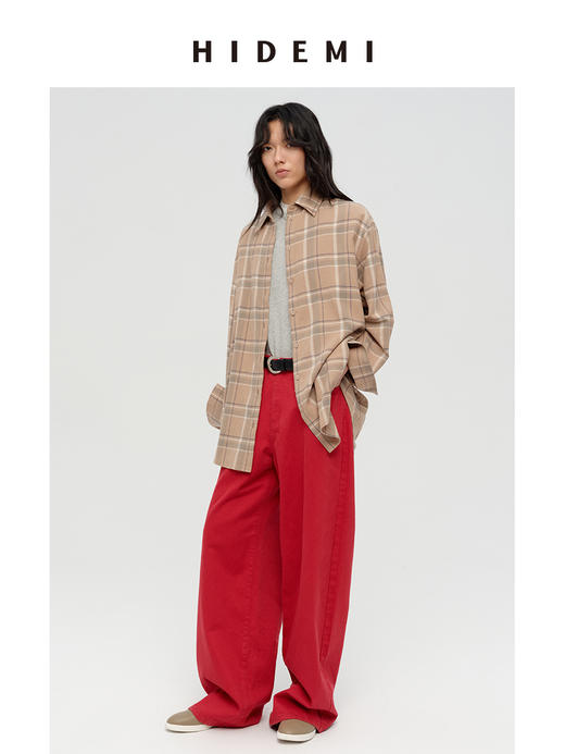 HIDEMI 【吴谨言同款】复古色织格纹长绒感磨毛高品质极简廓形纽扣衬衫 卡其米格/奶白格 商品图7