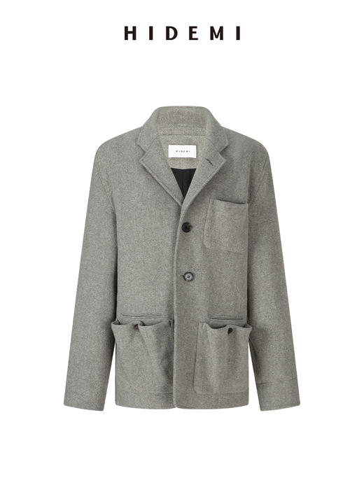 HIDEMI 进口澳洲绵羊毛全毛厚款复古立体口袋工装感西装导演外套大衣 意大利米/艺术灰/黑色 商品图11