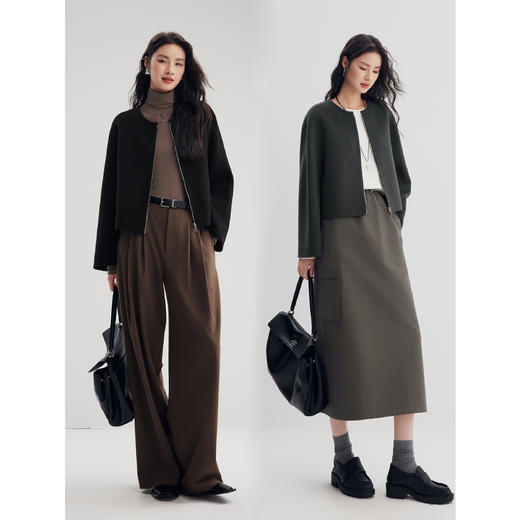 棉仓356666004-短箱型夹克式拉链无领毛呢外套女24秋季新品气质圆领双面呢 商品图3