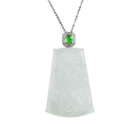 【天然正品】AU750收藏级白金镶钻镶天然冰种飘木那雪花棉山水牌翡翠（宁静致远）吊坠项链160824XY17