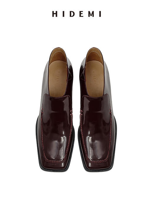 HIDEMI 极简方头都市感方跟粗跟进口雾面亮皮牛皮手工感中跟皮鞋 黑色/复古酒红 商品图13