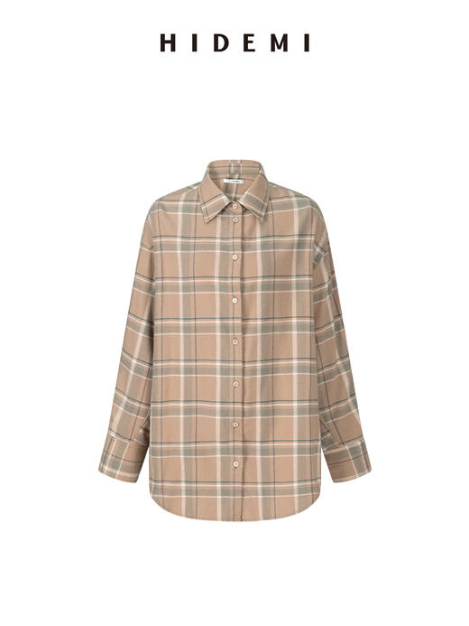 HIDEMI 【吴谨言同款】复古色织格纹长绒感磨毛高品质极简廓形纽扣衬衫 卡其米格/奶白格 商品图10