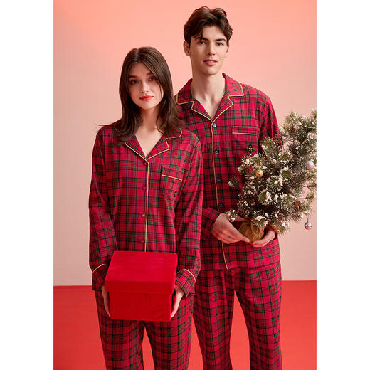 芬腾情侣红色睡衣春秋季纯棉长袖女结婚本命年休闲男士全棉家居服 商品图0