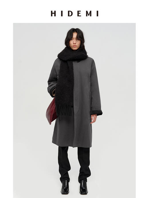 HIDEMI 极简设计感格纹内衬拼接廓形圆领夹棉双层保暖长款可拆卸腰带式大衣 军绿色/炭灰色 商品图4