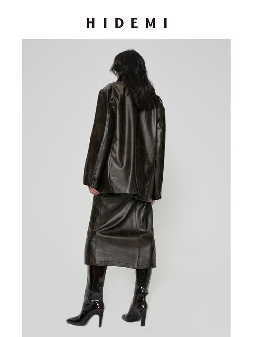 HIDEMI 【吴千语同款】甄选复古水洗擦色感环保蛋白皮工装感立体大口袋西装外套皮衣 商品图11
