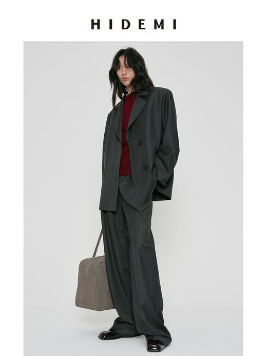 HIDEMI 莫兰迪灰蓝色显瘦双压褶中腰式设计感宽腿直筒西裤长裤 商品图6