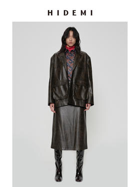 HIDEMI 【吴千语同款】甄选复古水洗擦色感环保蛋白皮工装感立体大口袋西装外套皮衣