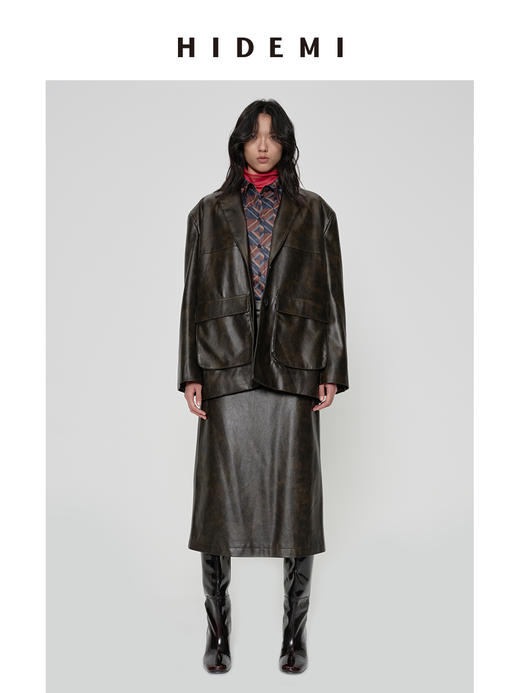 HIDEMI 【吴千语同款】甄选复古水洗擦色感环保蛋白皮工装感立体大口袋西装外套皮衣 商品图0