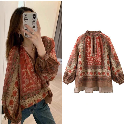 法国苎麻民族风定拉印花蕾丝拼接轻薄长袖宽松衬衫 商品图9