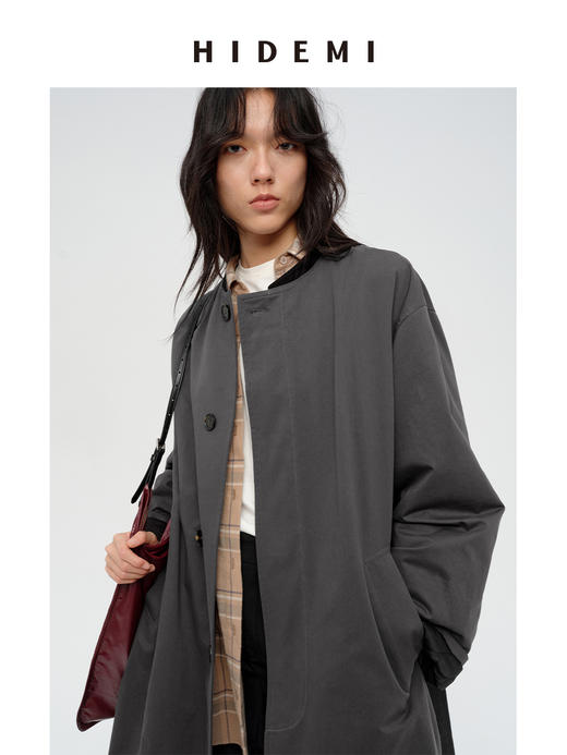 HIDEMI 极简设计感格纹内衬拼接廓形圆领夹棉双层保暖长款可拆卸腰带式大衣 军绿色/炭灰色 商品图6
