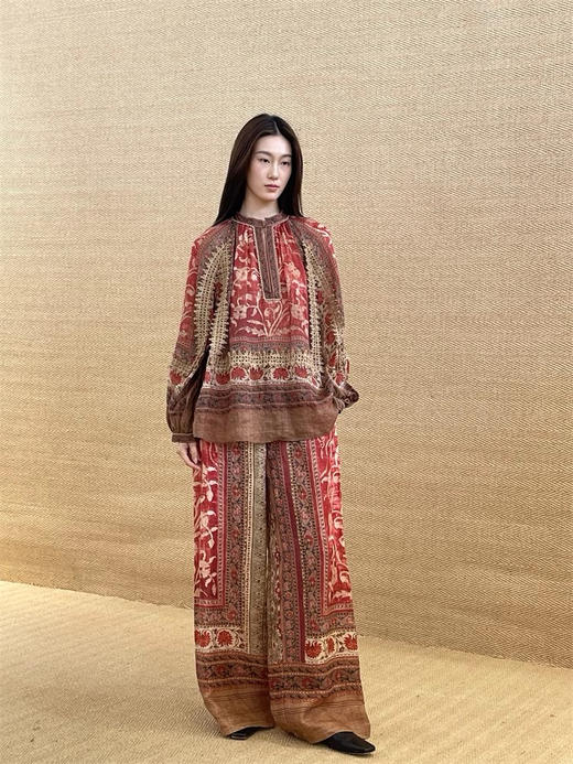 法国苎麻民族风定拉印花蕾丝拼接轻薄长袖宽松衬衫 商品图3