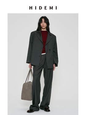 HIDEMI 莫兰迪灰蓝色极简廓形宽肩垫肩设计感甄选可再生纤维高翻领复古男朋友式西装