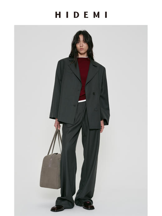 HIDEMI 莫兰迪灰蓝色极简廓形宽肩垫肩设计感甄选可再生纤维高翻领复古男朋友式西装 商品图0