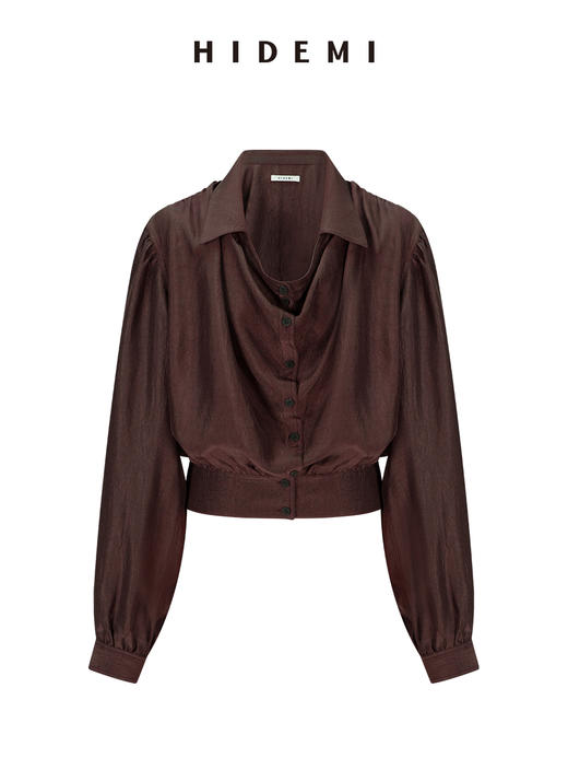 HIDEMI 【当当同款】进口可再生纤维纽扣堆堆领设计感做旧水洗缎面套装 上衣/茧型半裙 勃艮第红/乌木灰棕 商品图10