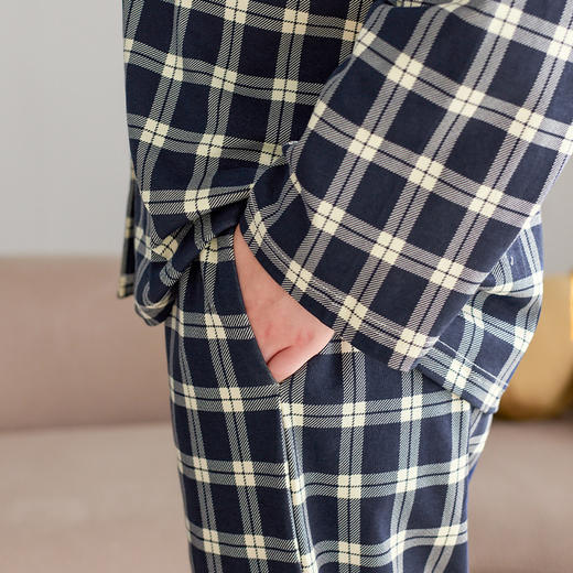 芬腾长袖情侣睡衣春秋季纯棉开衫套装男女格子宽松大码全棉家居服 商品图3