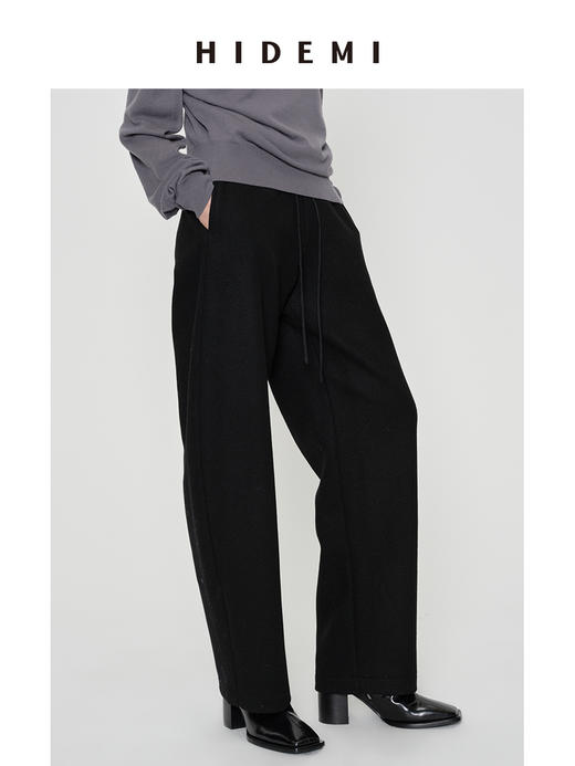 HIDEMI 进口澳洲绵羊毛全毛厚款立体剪裁茧型裤羊腿裤 意大利米/艺术灰/黑色 商品图5