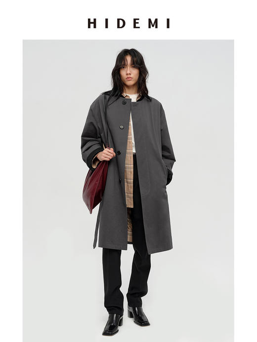 HIDEMI 极简设计感格纹内衬拼接廓形圆领夹棉双层保暖长款可拆卸腰带式大衣 军绿色/炭灰色 商品图5