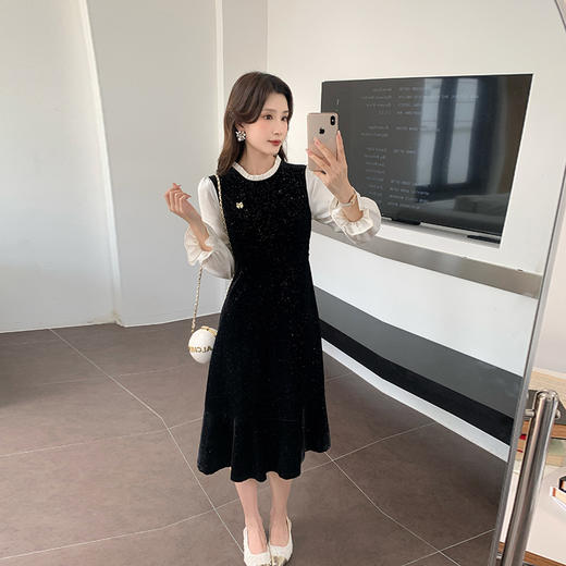 奢姿大码女装2025春季减龄木耳边拼接连衣裙胖妹妹喇叭袖时尚裙子9943890167 商品图4