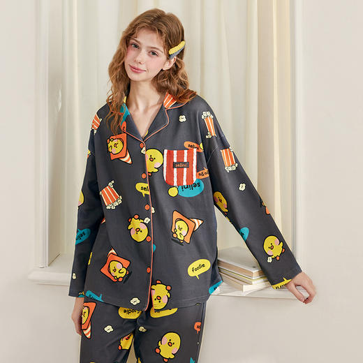 芬腾睡衣女春秋季纯棉长袖开衫套装可爱布朗熊全棉宽松大码家居服 商品图3