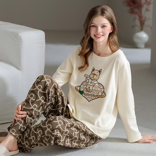 芬腾情侣睡衣春秋季纯棉长袖女宽松休闲男青年全棉大码家居服套装 商品图3