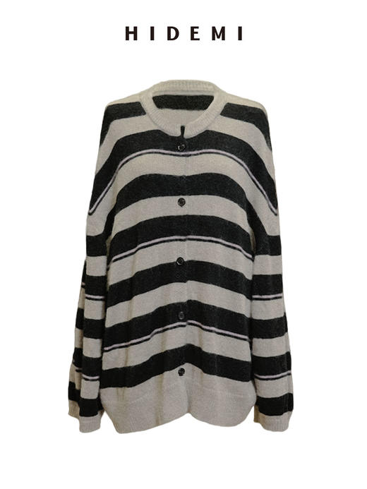 HIDEMI 【当当同款】进口羊驼毛混纺多股纱线条纹松弛感大廓形圆领纽扣开衫外套 黑灰条纹/绿紫条纹/棕绿条纹/灰粉条纹 商品图13