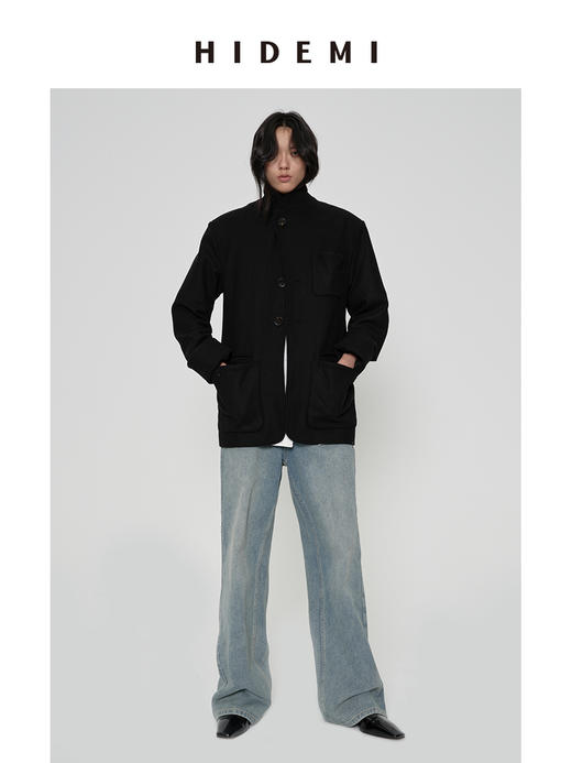 HIDEMI 进口澳洲绵羊毛全毛厚款复古立体口袋工装感西装导演外套大衣 意大利米/艺术灰/黑色 商品图9