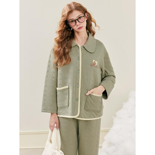 芬腾女士睡衣秋冬季空气棉夹层纯棉长袖套装春秋宽松加大码家居服 商品图2