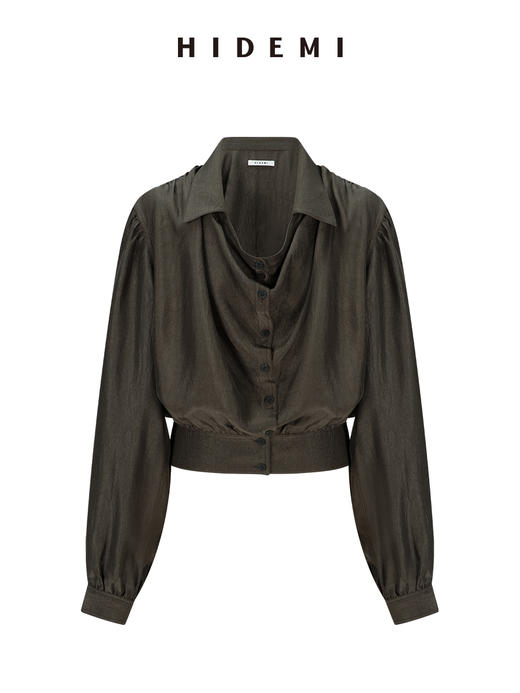 HIDEMI 【当当同款】进口可再生纤维纽扣堆堆领设计感做旧水洗缎面套装 上衣/茧型半裙 勃艮第红/乌木灰棕 商品图8