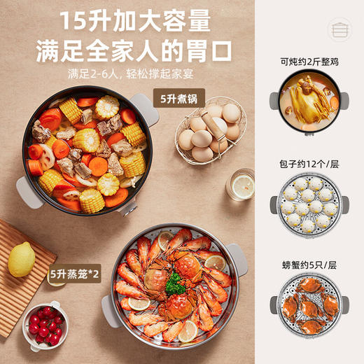 小熊（Bear）电蒸锅 蒸锅电 多用途锅 多功能家用蒸包子锅量层大容量15L定时防干烧分体式 DZG-CA3A1 商品图3