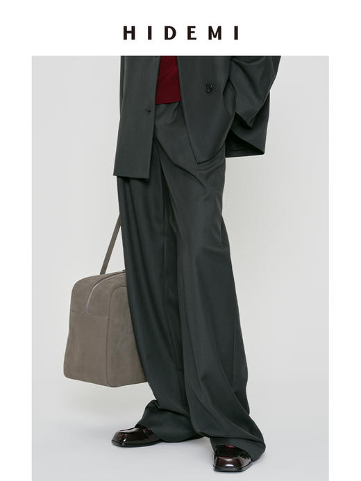 HIDEMI 莫兰迪灰蓝色显瘦双压褶中腰式设计感宽腿直筒西裤长裤 商品图2