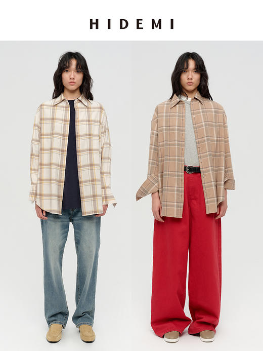 HIDEMI 【吴谨言同款】复古色织格纹长绒感磨毛高品质极简廓形纽扣衬衫 卡其米格/奶白格 商品图0