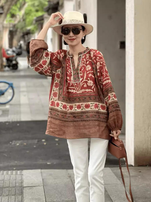 法国苎麻民族风定拉印花蕾丝拼接轻薄长袖宽松衬衫 商品图7