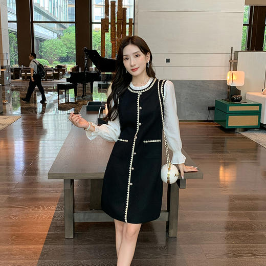 奢姿2024秋季新款大码女装木耳边圆领裙子胖妹妹拼接假两件连衣裙9943890178 商品图0